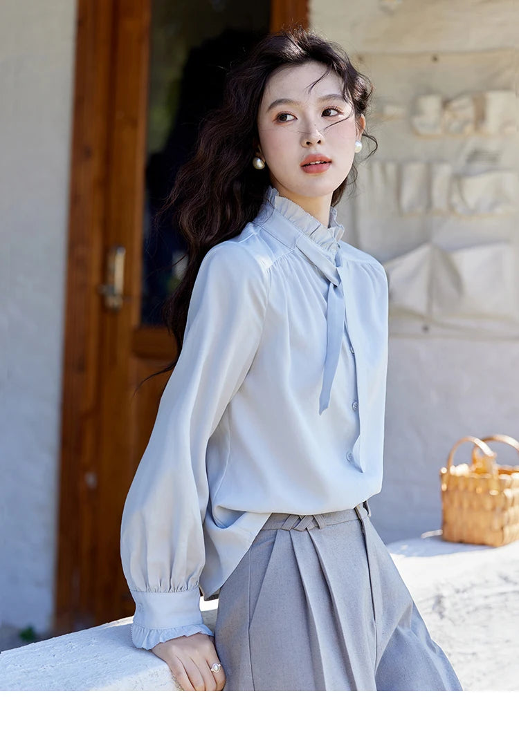 MISHOW French Ribbon Stringy Selvedge Neck Shirt for Women Spring 2025 Slim 100 Lyocell Shirts Solid Commuter Tops MXE13C0383