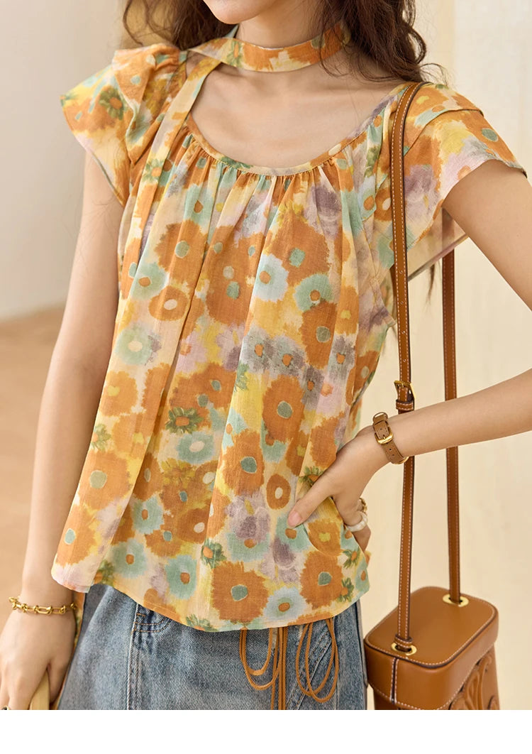 MISHOW 100 Cotton Citrus Oil Painting Printed blouse for Women 2025 Summer Vacation Korean Flying Sleeve Casual Top MXE36X1872