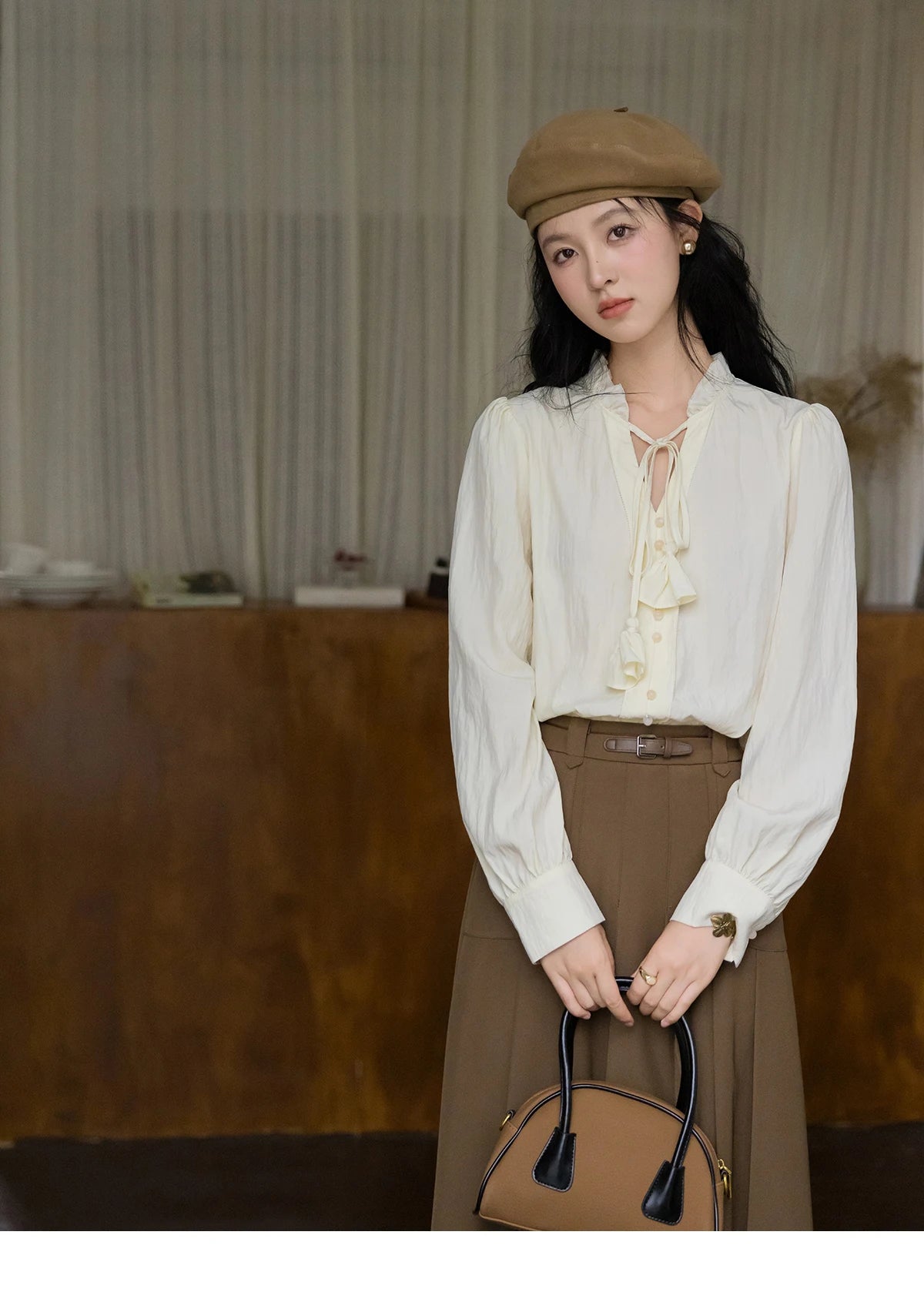 MISHOW Flower Bud Tie Lyocell Shirt for Women Autumn 2024 Temperament Solid Long Sleeve Pullover Tops Office Lady MXD42X1640