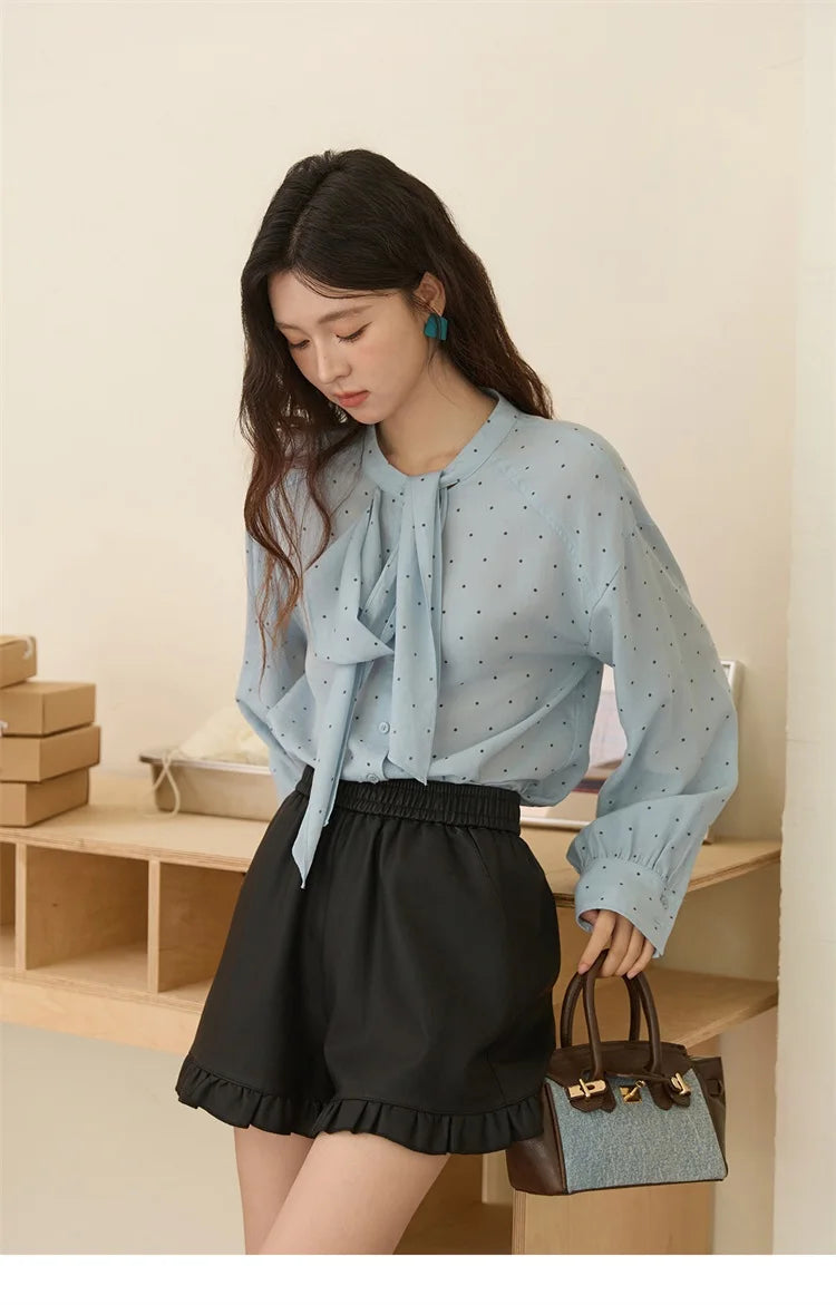 MISHOW Women's Casual Shirt 2025 Autumn French Vintage Blue Polka Dot Shirt Bow Collar Long-sleeve Top Women's Clothe MXE45X2475