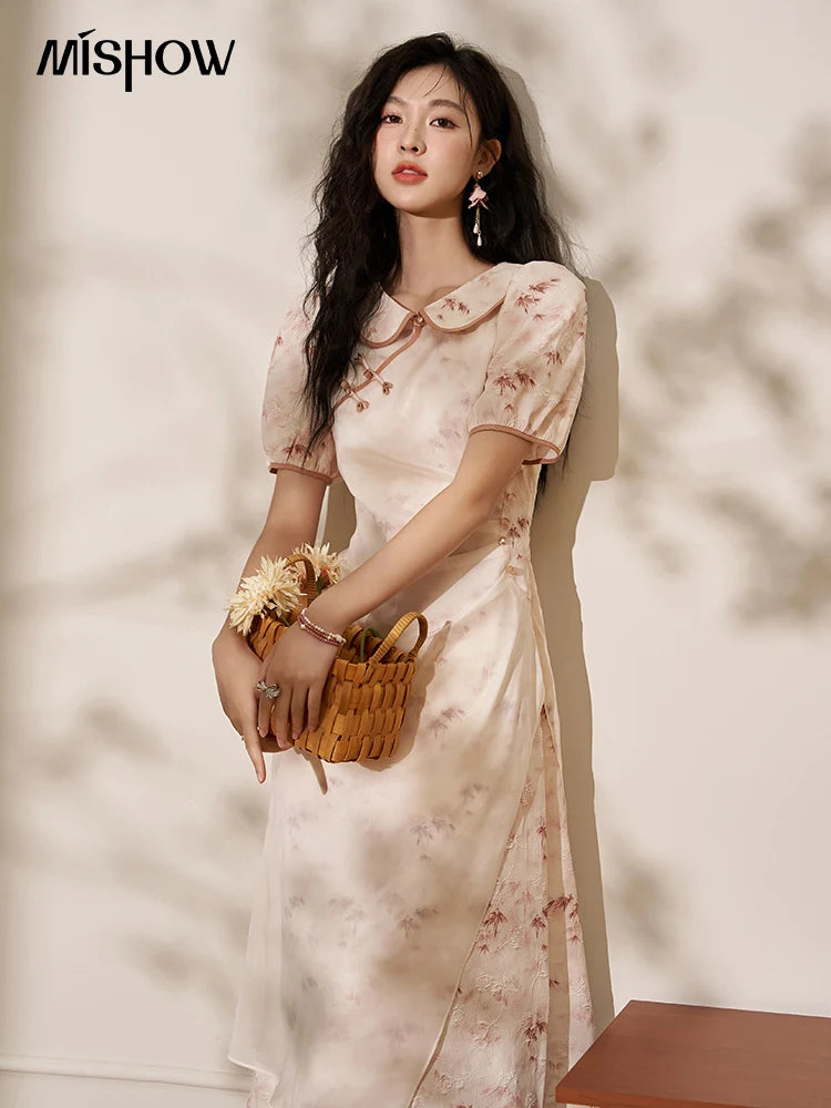 MISHOW Chinese Doll Collar Dresses 2024 Summer Improved Cheongsam Waist Pink Bamboo Printing Splicing Mesh Midi Dress MXD22L1829