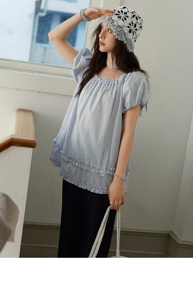 MISHOW Women's Fashion Puff Sleeve Blouse 2025 Summer Casual O-Neck Edible Tree Fungus Spliced Top Female Clothing MXE39X1929