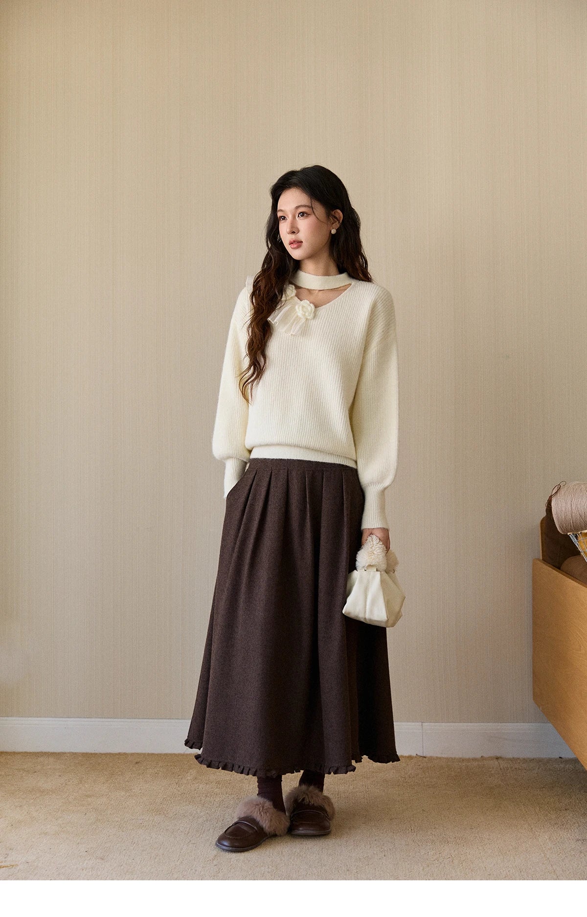 MISHOW Women's Cutout Neck Knitted Sweater 2025 Winter Ruffle Flower Decor Dropped Lantern Sleeves Pullover Tops MXE94Z2982