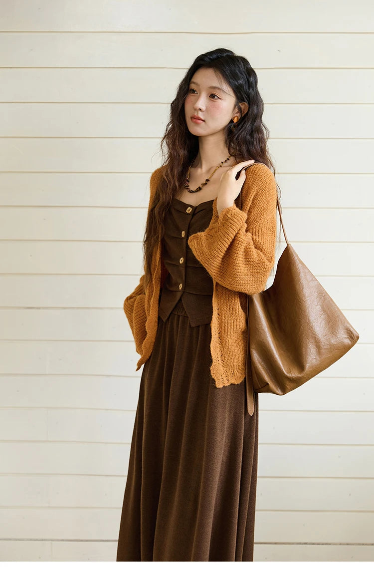 MISHOW Camisole Skirt Suit 2025 Retro Dark Brown Pleated Design Tank Top A-line Skirt  Autumn Women's Clothing Set MXE46T1378