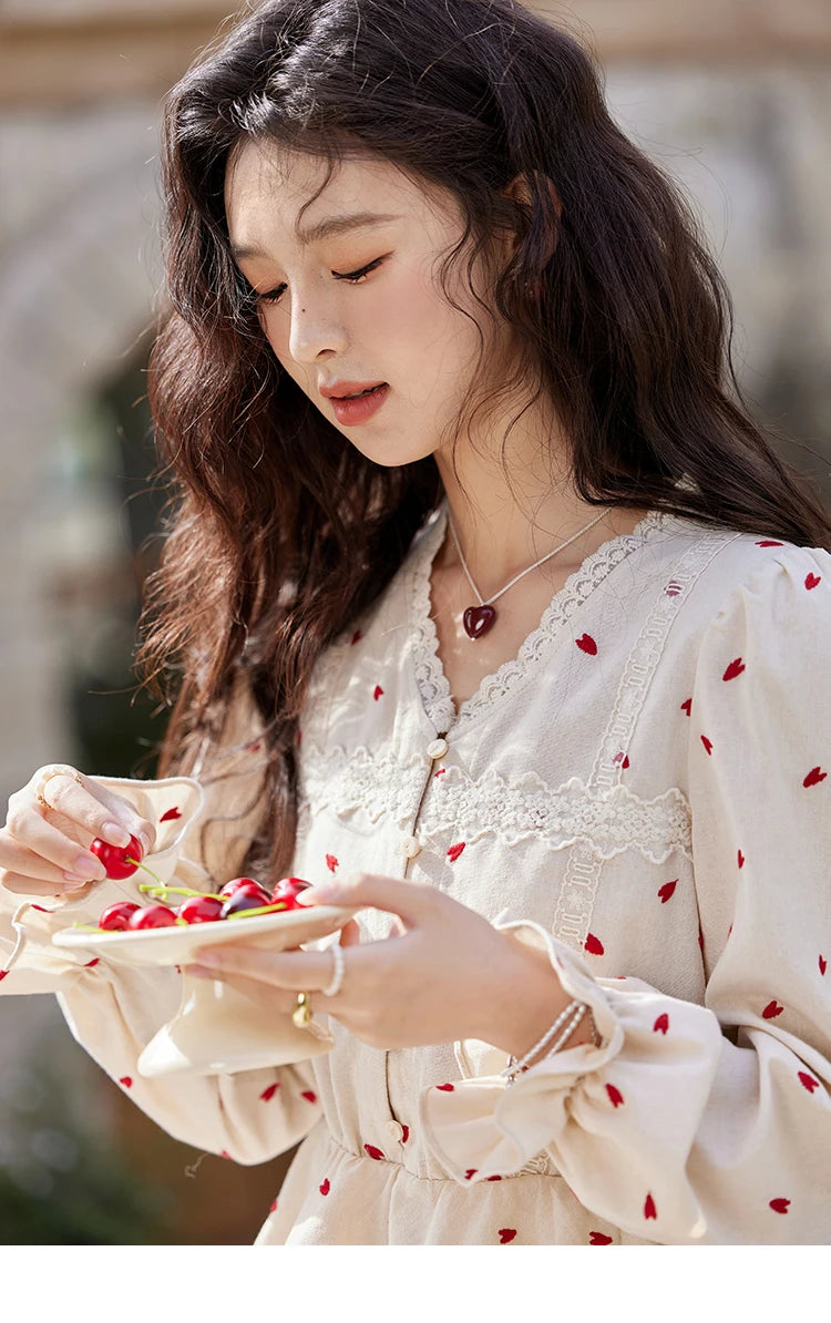 MISHOW Women's Love Embroidered V-neck Blouses 2025 Spring Linen Cotton Retro Slim Tops Sweet Waist Ruffle Blouse MXE13X1700