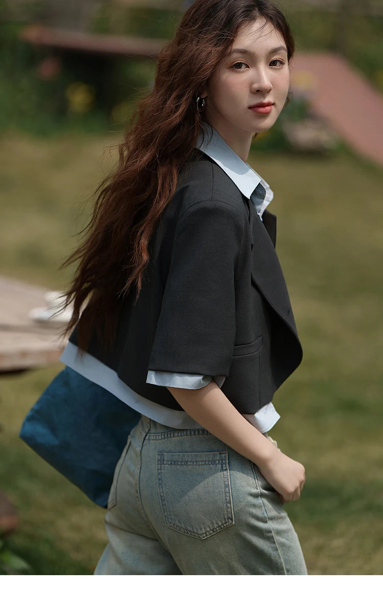 MISHOW Fake Two Short Suit Jackets for Women Summer Three Quarter Single Breasted Turn-down Collar Female Coats MXC33W0016