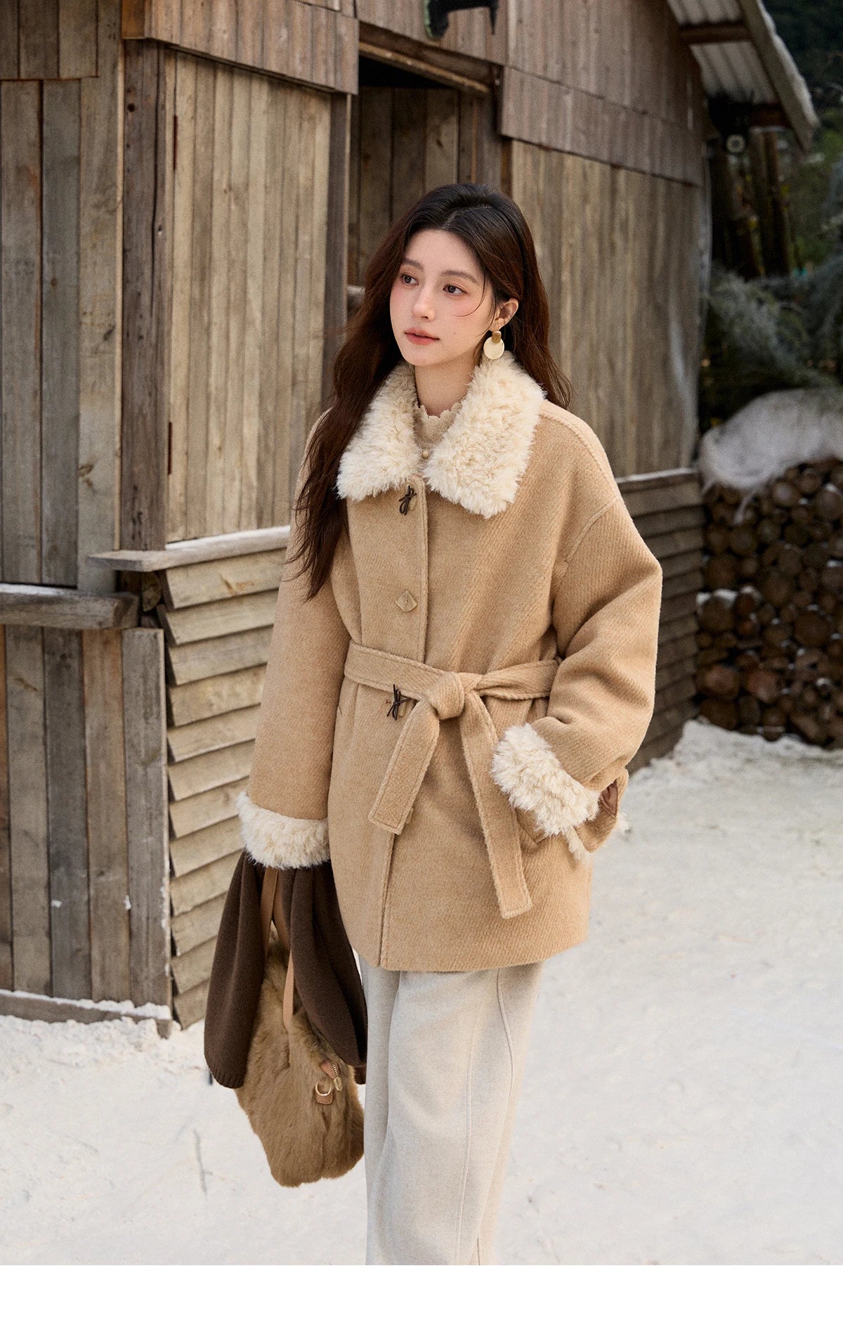 MISHOW Women's Thick Wool Blend Coat 2025 Winter Korean Retro Fleece Patchwork Coats Belted Lapel Elegant Overcoat MXE92W0997
