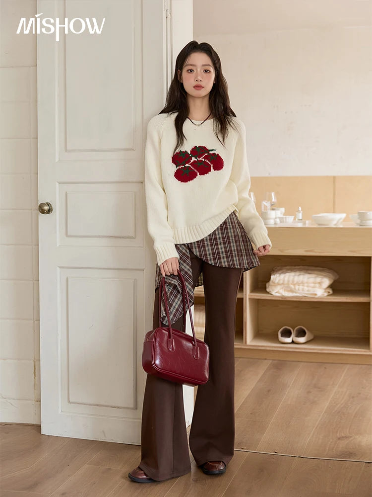 MISHOW Women's Off-white Sweater 2025 Winter new Tomato Jacquard Long-sleeved Sweater Loose Casual Knitted Pullover MXE51Z2692