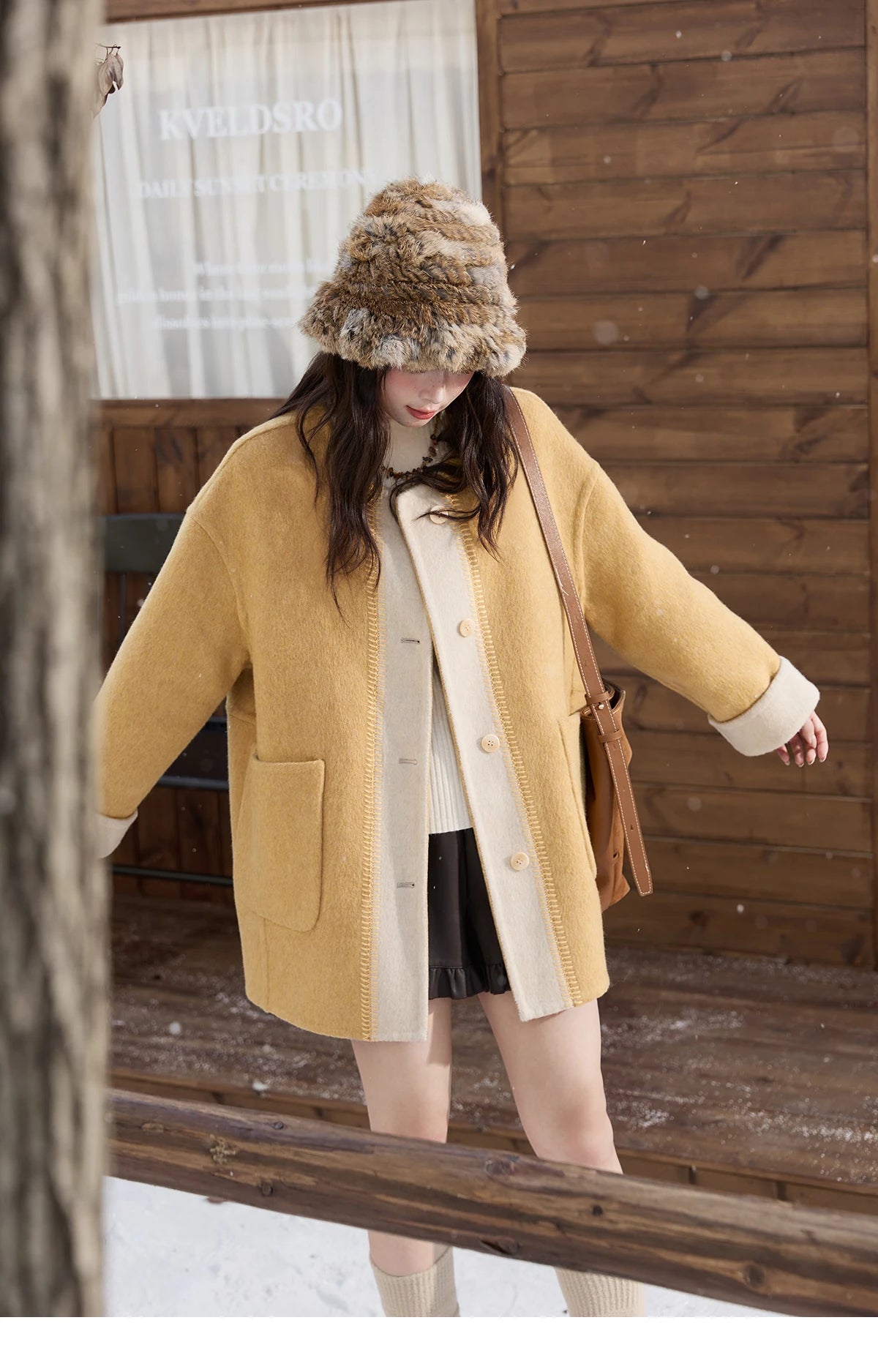 MISHOW Yellow Double-faced Wool Coat for Women 2025 Winter New Retro Contrast Color Slim Crew Neck Pockets Wool Coat MXE51W0915