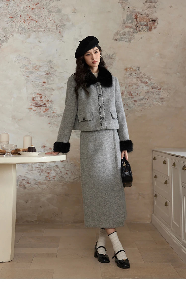 MISHOW Short Tweed Jacket Temperament Midi Skirts Separately Color Clash Lace Design Winter Skirt Thickened Coat MXD54W0553