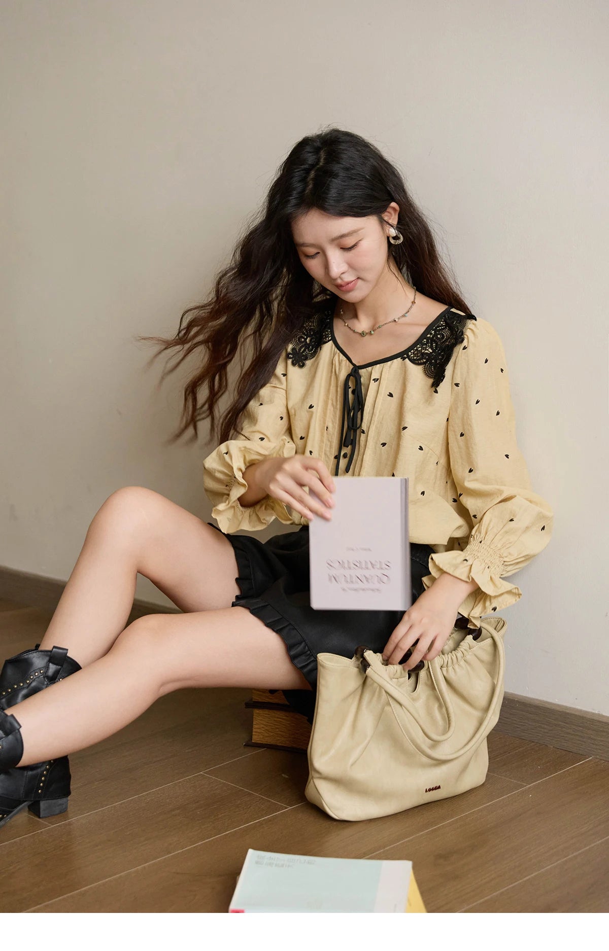 MISHOW Women's Yellow Heart Printed Shirt Autumn Lace Hollowed Out Collar Bubble Sleeve Top Lace-up Commuter Shirts MXE41X1949