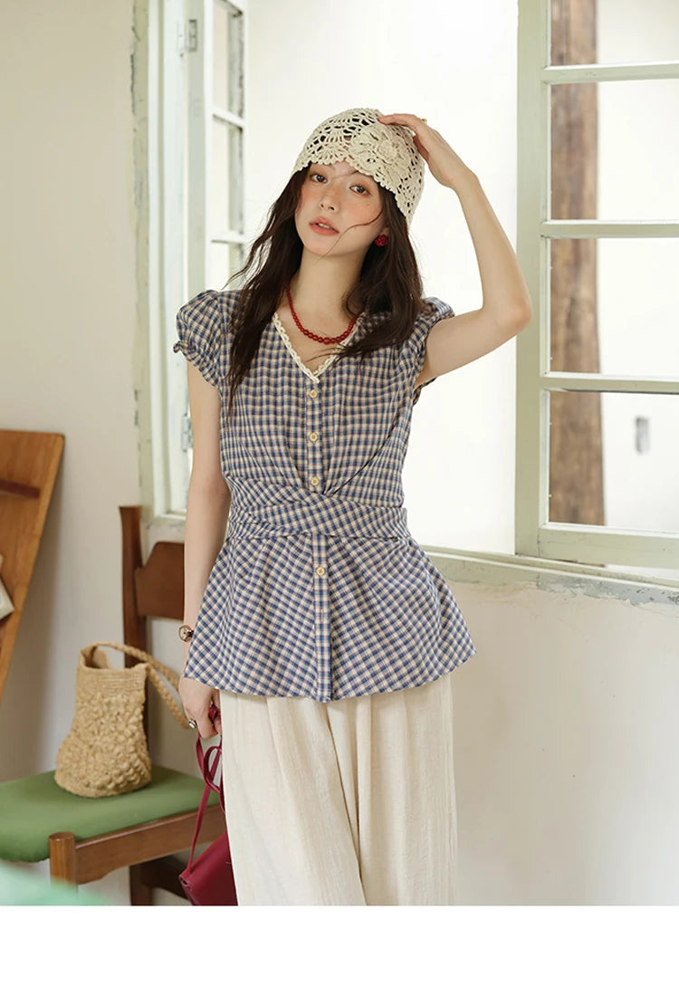 MISHOW Women's Garment Sleeves Plaid Shirt 2025 Summer New Fashion Lace V-neck Shirt Button Belt Top Female Clothing MXE36X1814