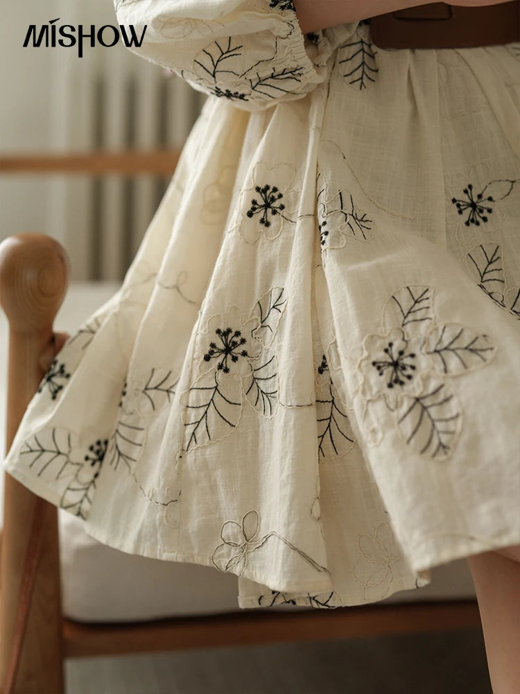 MISHOW Embroidered Doll Dress 2025 Seven Cent Lantern Sleeve Dress O-neck Tassel Lace-up Cotton Dress with Waist Belt MXE41L2480