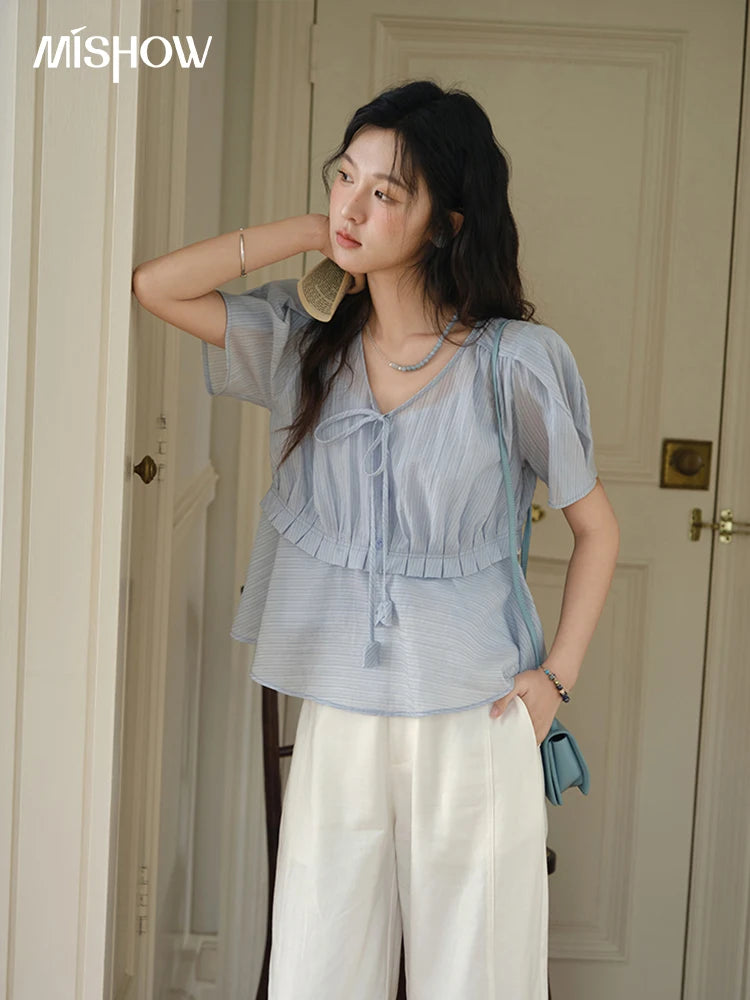 MISHOW Women's Fashion V-neck Blouse Summer 2025 New Splicing Button Commut Ladies Lace Up Casual Short Sleeve Top MXE34X1821