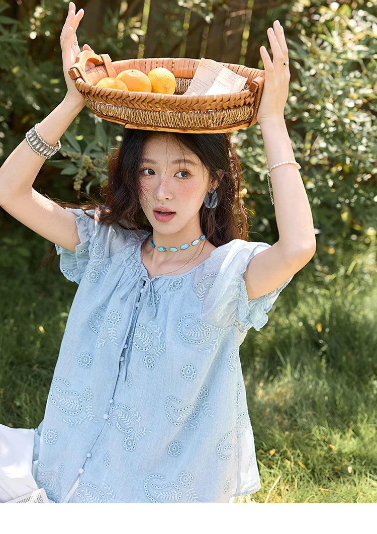 MISHOW Embroidery Flower Shirt for Women 2025 Summer New Fashion Loose Puff Sleeve Round Neck Top Female Clothing MXE39X1922