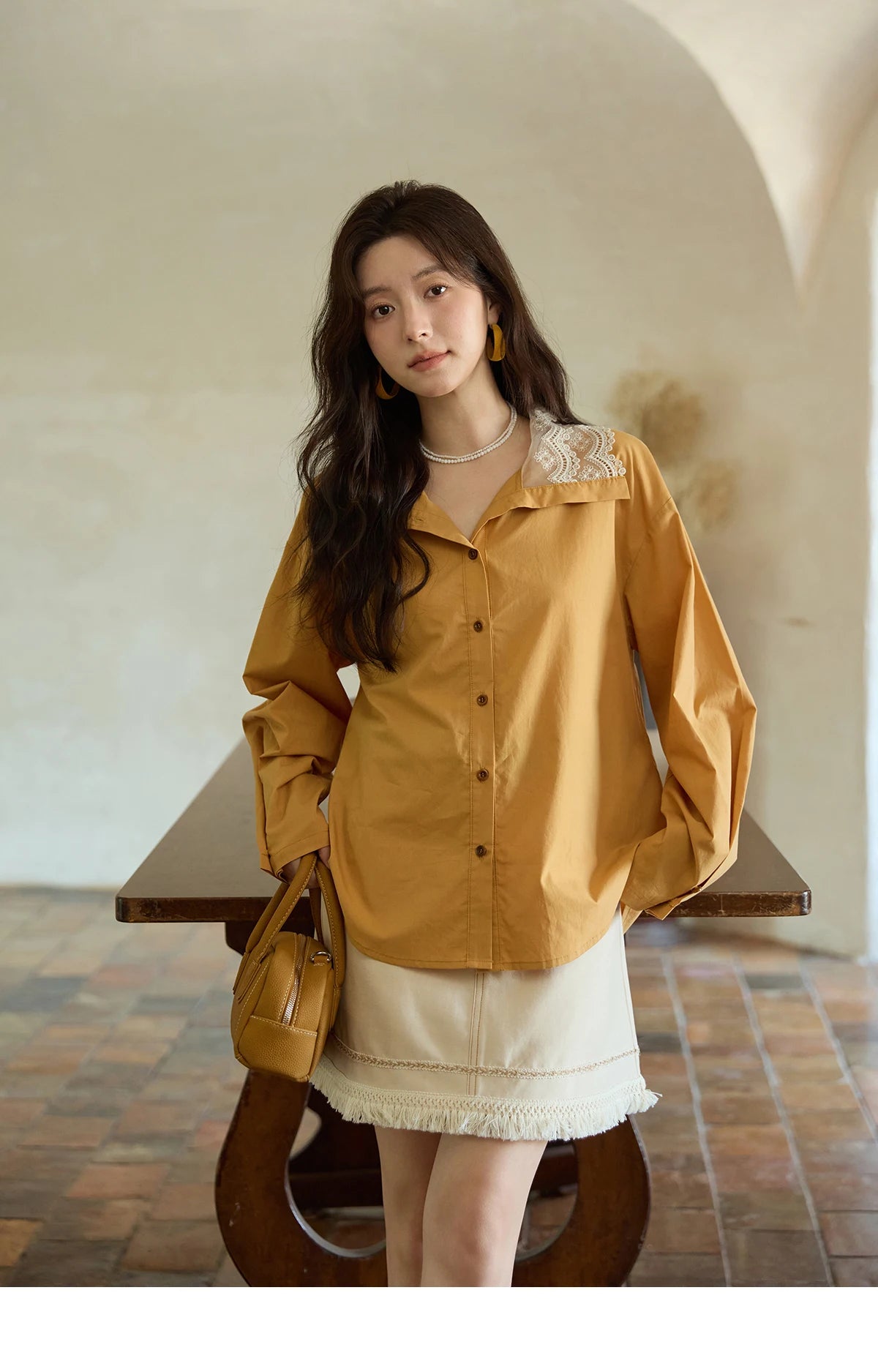 MISHOW Autumn Solid Cotton Shirt Autumn V-neck Double-layer Lace Retro Design Shirts Single Breasted Tops Office Lady MXE41C2366