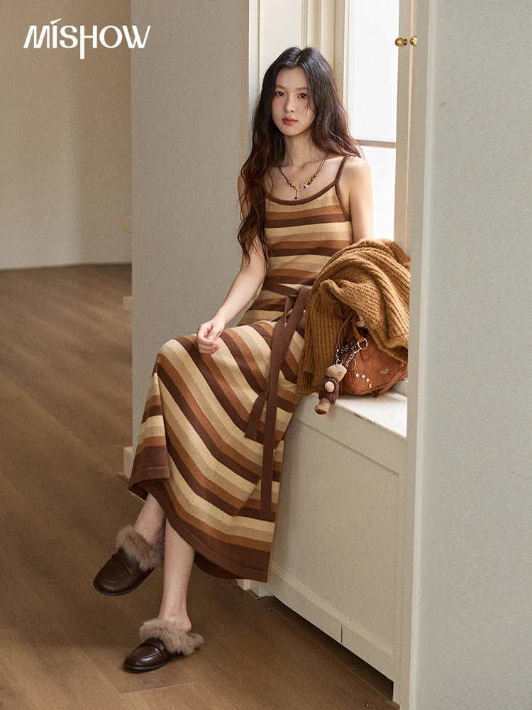 Mishow Retro Striped Suspender Knit Dress MXE86L2532