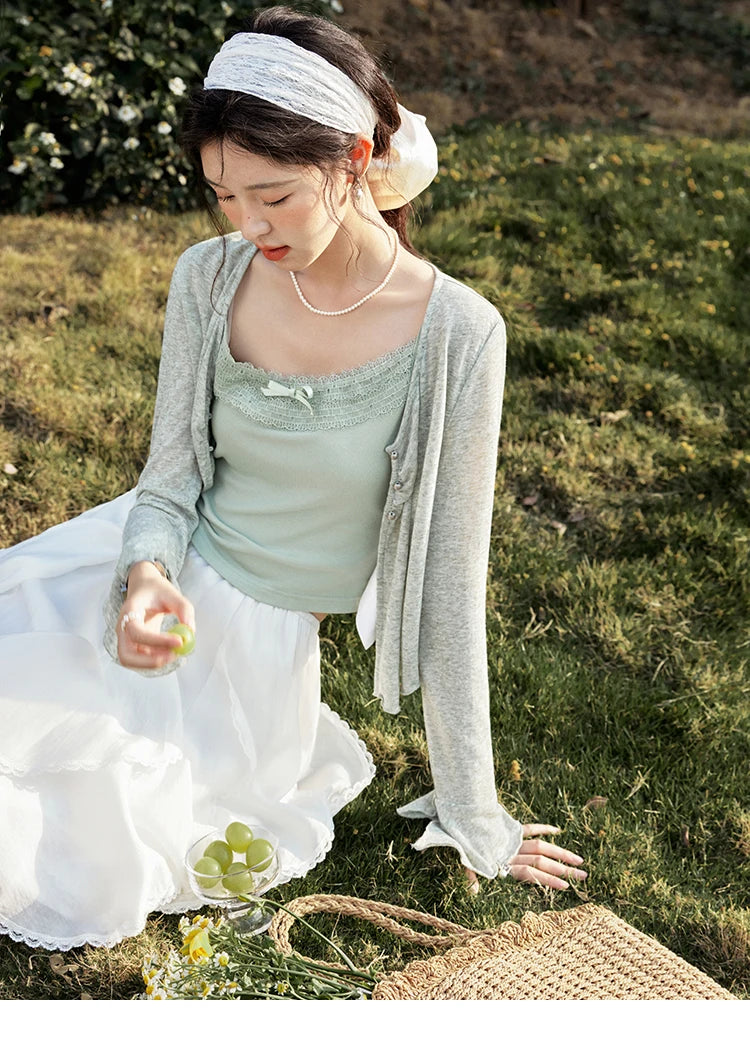 MISHOW Light Green Camisole Knit Cardigan Two-piece Set Spring Summer 2025 Lace Bow Camisole V-neck Cardigan Sets MXE15T0504