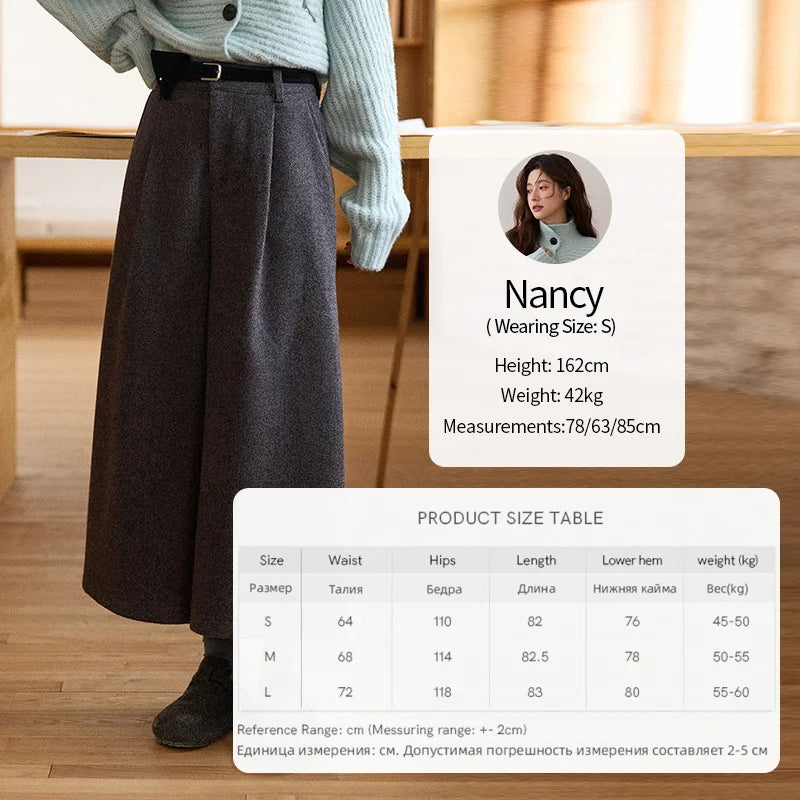 MISHOW Women's Pants 2025 Fashion Gray Wool Wide-leg Pants High-waisted Cropped Retro Style Commuting Pants Warm MXE90K1128