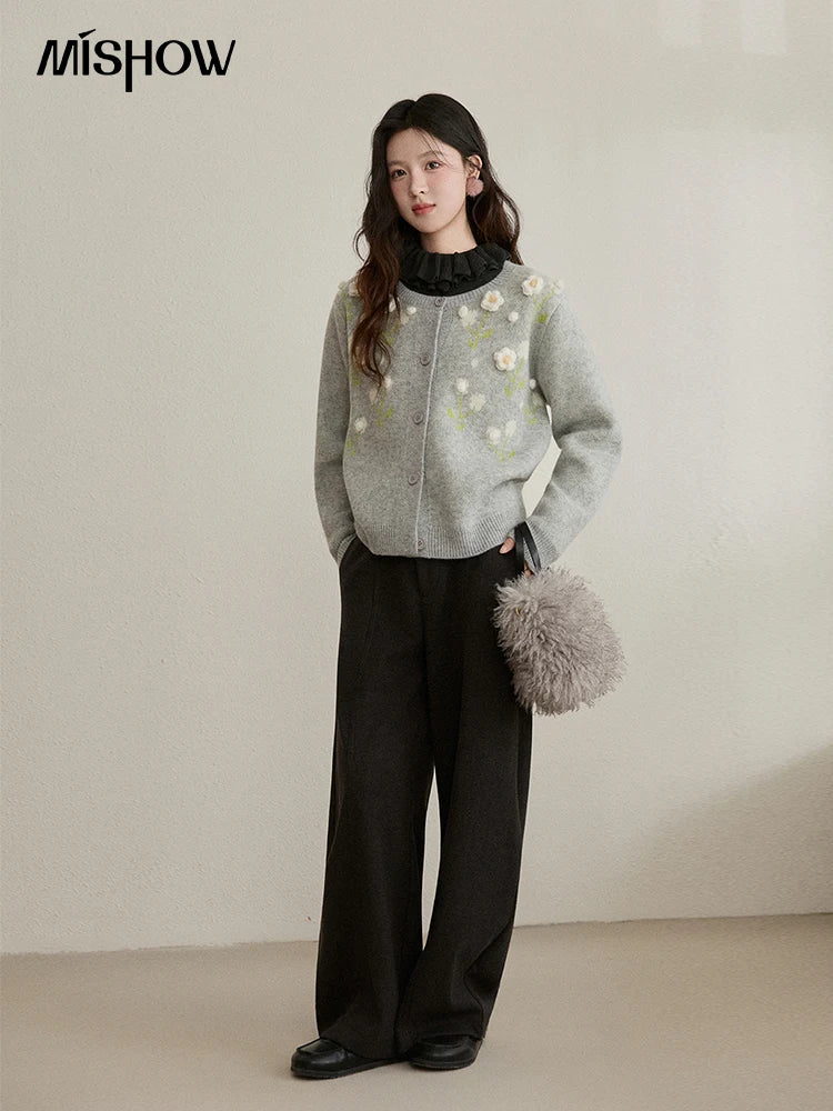 MISHOW Women's Gray Knitted Cardigan 2025 Winter Flower Embroidery Round Collar Single-breasted Warm Slim Sweaters MXE91Z2836
