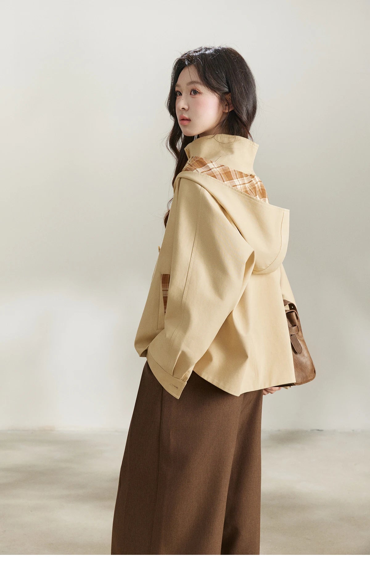 MISHOW Women's Khaki Cropped Trench Coat Spring Lapel Stand Collar Coats Removable Plaid Cap Casual Loose Jacket MXF108W1003