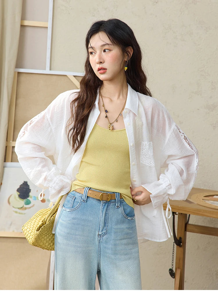 MISHOW Blend Patchwork Lace Cool Shirt Female Autumn 2025 Korean Loose Lapel Drop Sleeve Shirts Drawstring Cuffs Top MXE31C0789