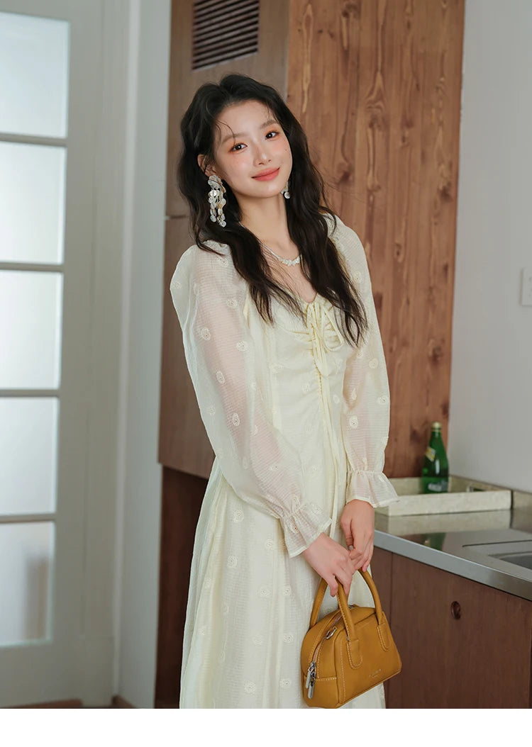 MISHOW Women's Cashew Flower Embroidered Dress 2025 Autumn V-neck Drawstring Long Sleeves Ladies Elegant Slim Dresses MXE41L2387