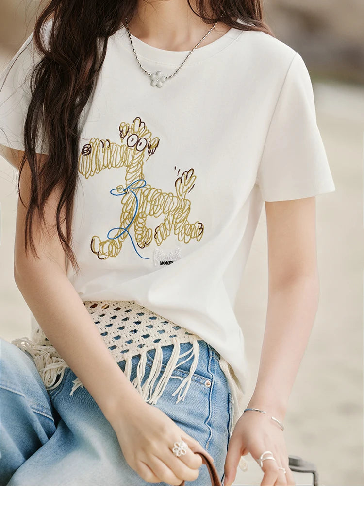 MISHOW Print Women‘s Summer T-shirts 2025 Short Sleeve Round Neck Loose Design Shirt Female Slim Embroidery Tops Lady MXE31T0550