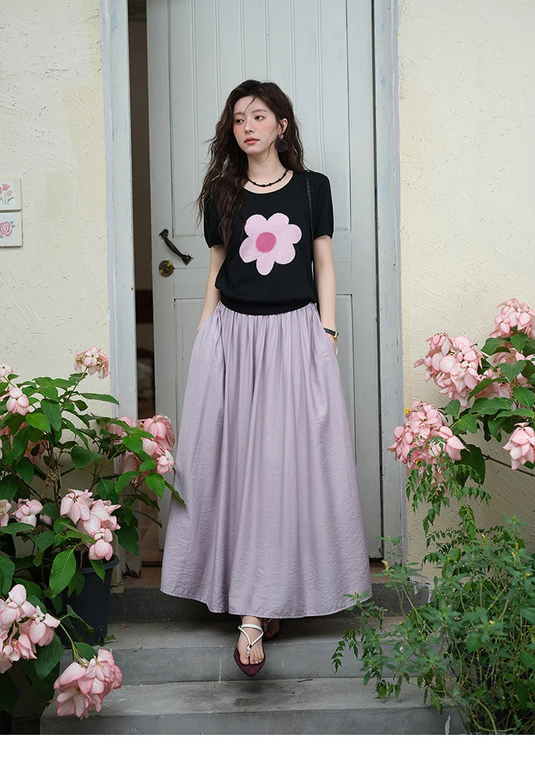 MISHOW Contrast Color Flower Knitted T-shirts for women 2025 Summer New Round Neck Top Women's Clothing Commute Tee MXE39Z1311