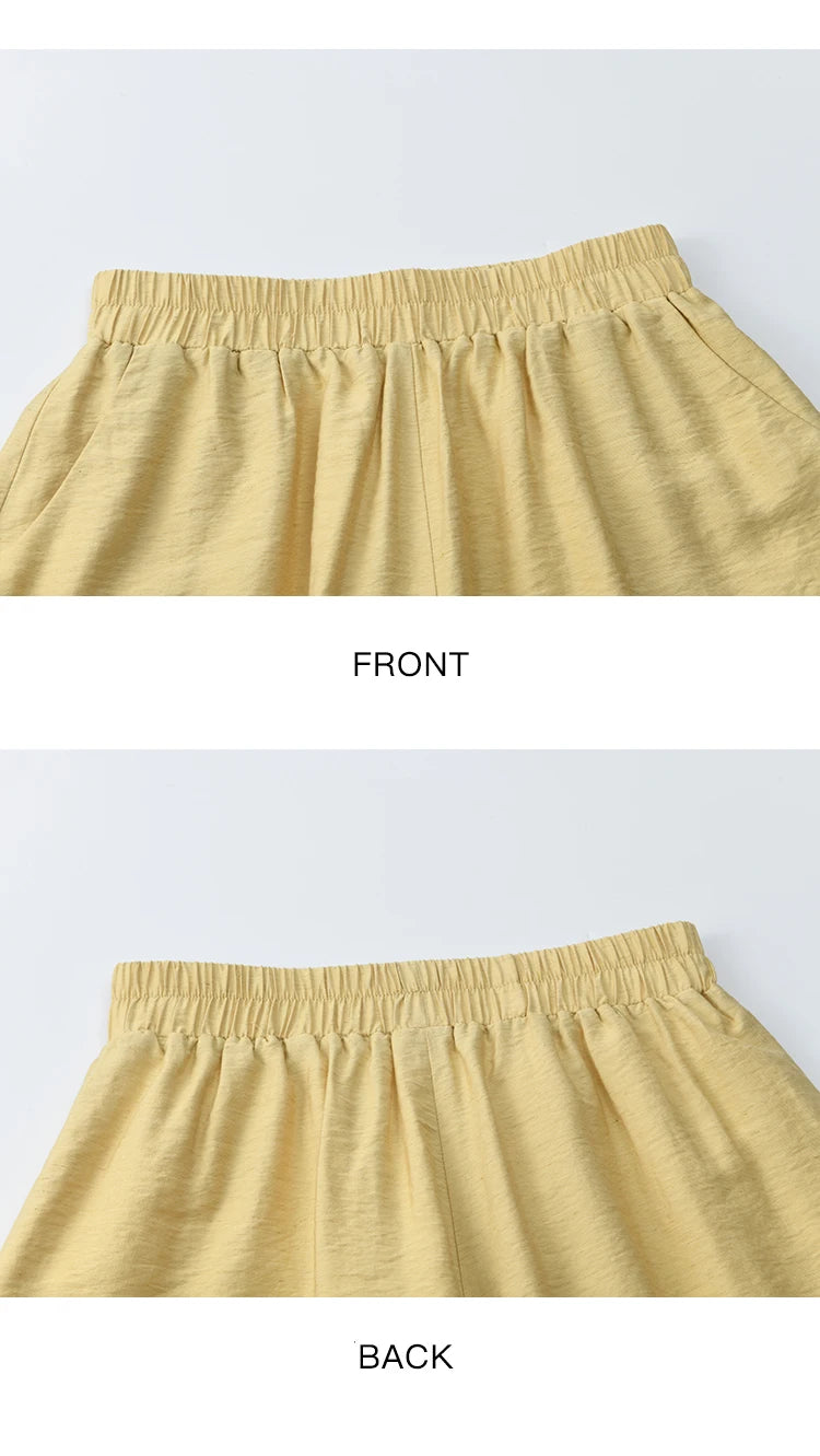 MISHOW Yellow Linen Three Piece Solid Splicing Lace Shirt Camisole Elastic Waist Shorts Vintage Hollowed Out Lace Set MXE42T0718