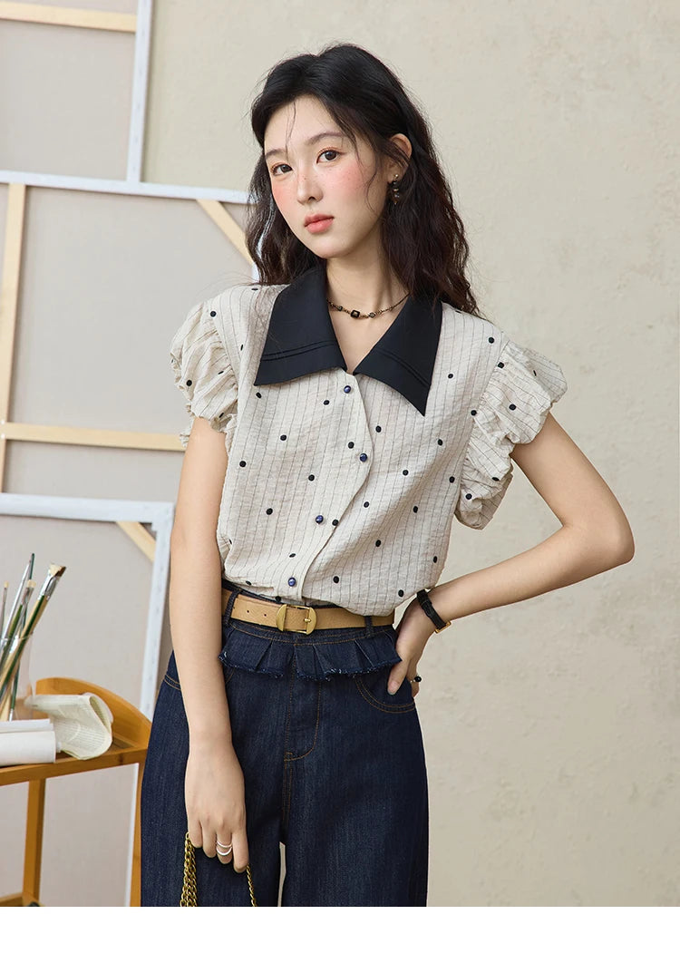 MISHOW Summer Office Lady Blouses Women 2025 Short Sleeve Turn-down Collar Polka Dot Shirts Female Fashion Slim Tops MXE31C0776