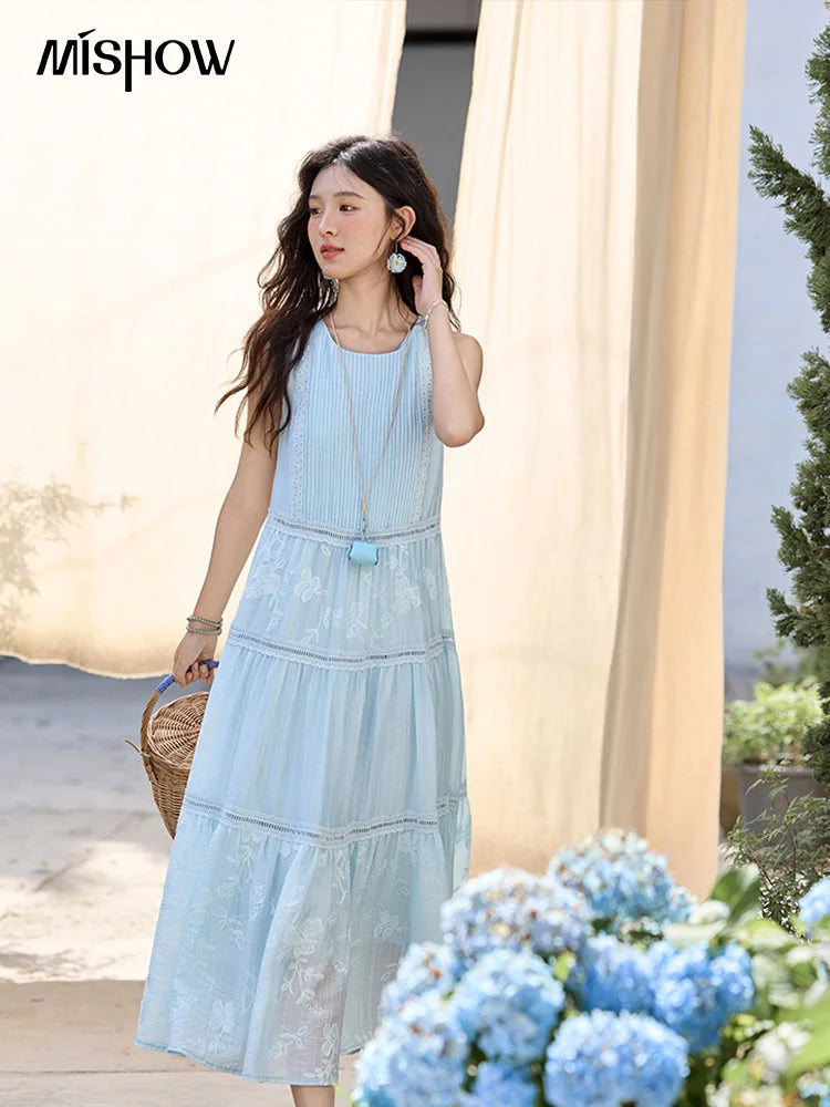 MISHOW Summer Embroidery Dress for Woman 2025 New O-Neck Sleeveless High Waist Hollow Out Lace Splicing Long Dress MXE35L2229