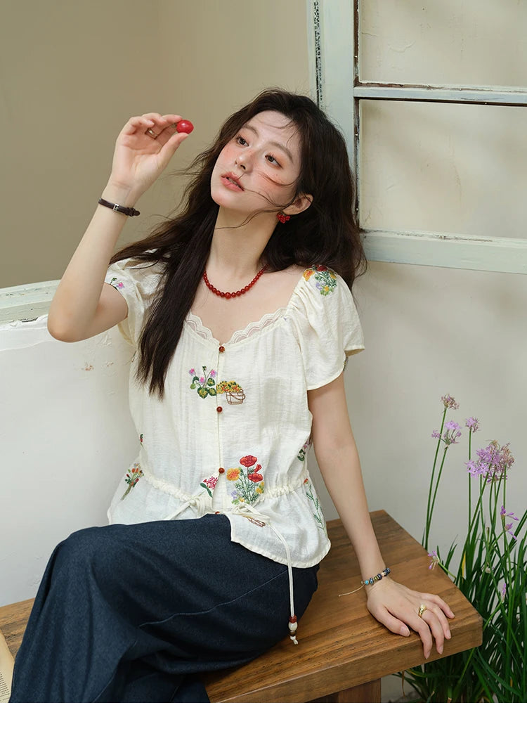 MISHOW Women's Fashion Flower Embroidery Blouse Summer 2025 Square Neck Lace Drawstring Short Top Ladies Clothing MXE37X1895