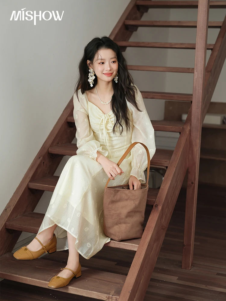 MISHOW Women's Cashew Flower Embroidered Dress 2025 Autumn V-neck Drawstring Long Sleeves Ladies Elegant Slim Dresses MXE41L2387