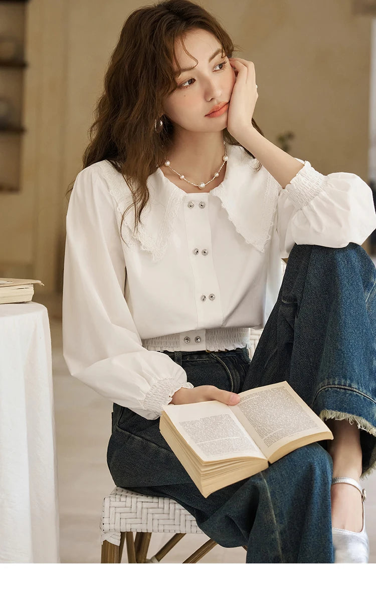 MISHOW Korean Doll Neck Shirt 2024 Spring Lace Patchwork Bubble Sleeve Elastic Hem Double Breasted Solid Short Tops MXD12C0164