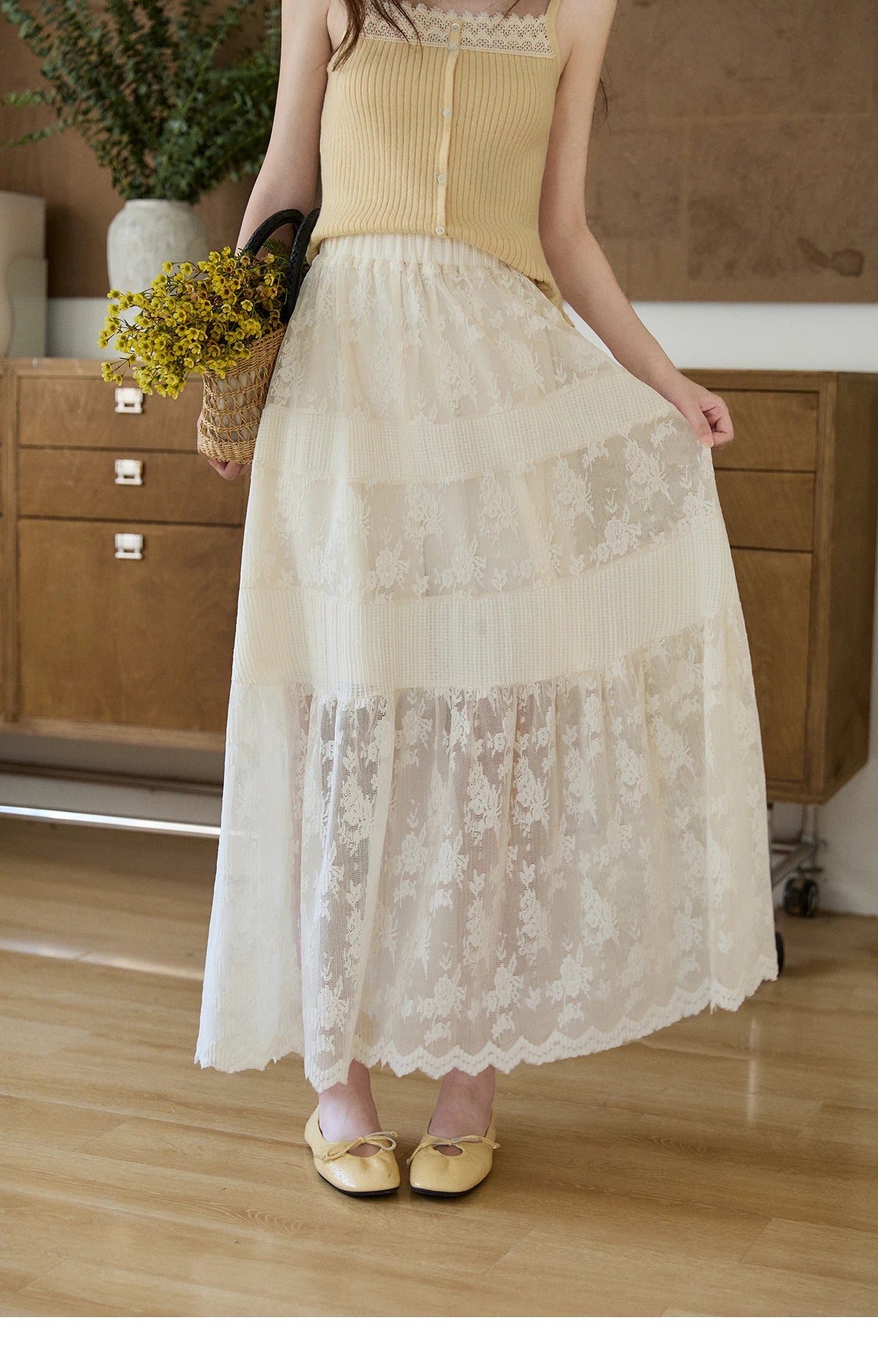 MISHOW Women's Cream Lace Maxi Skirt 2026 Spring Summer Floral Embroidery Tiered Ruffled High Waist Casual Long Skirt MXF11B2462