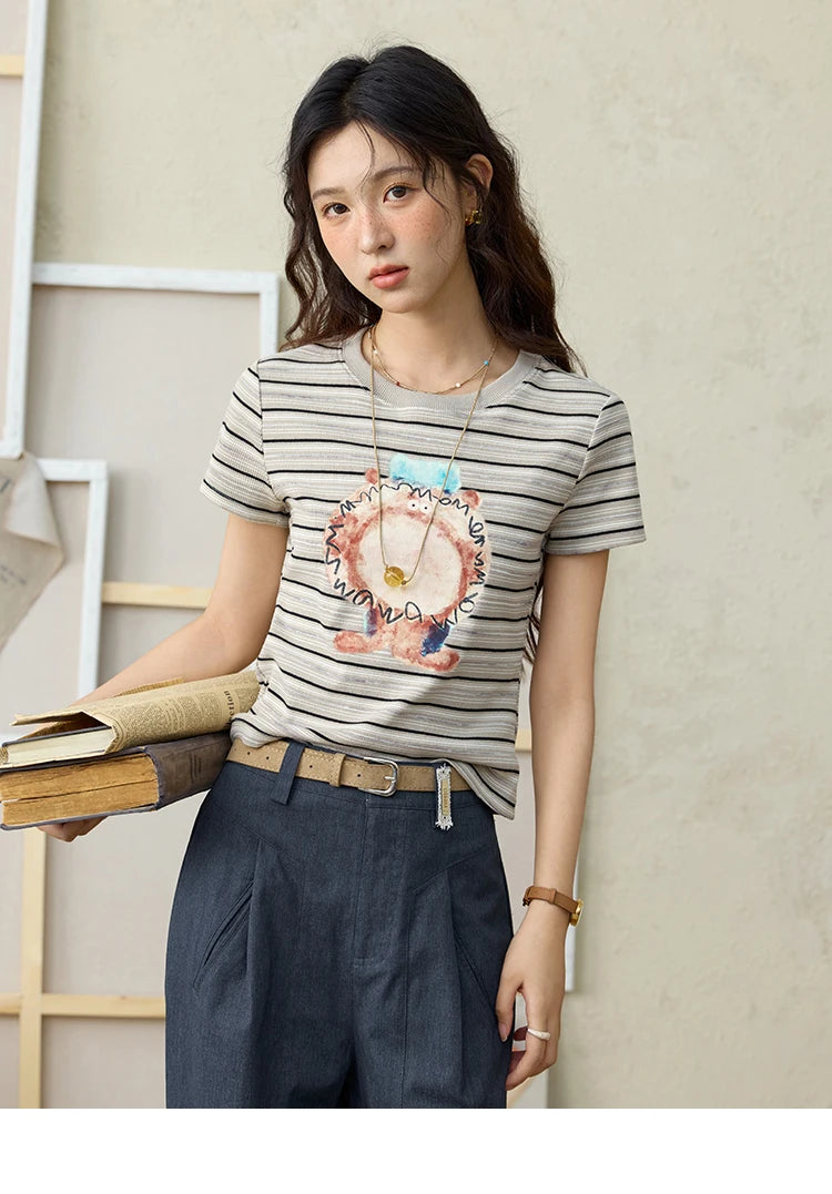 MISHOW Striped Cartoon Pufferfish Printed T-shirt for Women Summer 2025 Slim Shoulders Cotton Tees Short Sleeved Top MXE32T0538