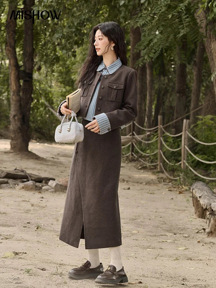 MISHOW Plaid Tweed Skirt Long-sleeved Jacket Long Skirt Separately Winter 2024 Korean O Neck Coat Front Slit Skirt MXD43W0445