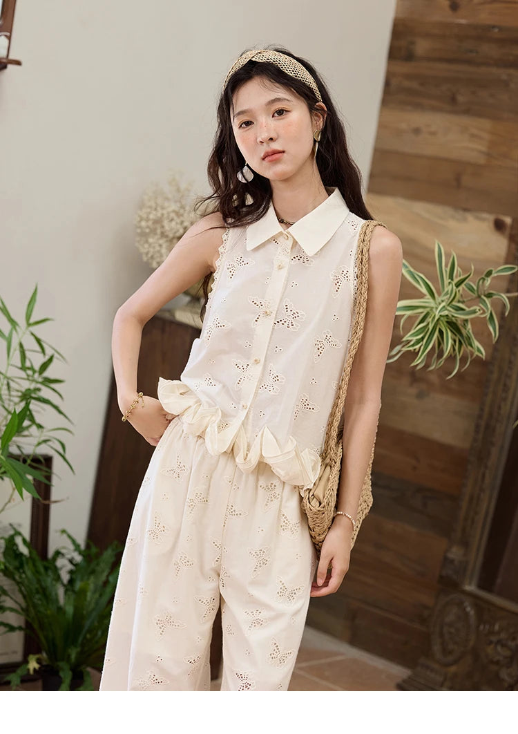 MISHOW 100 Cotton Butterfly Hollow Lace Lapel Shirt for Women Single Breasted Elegant Breathable Shirts with Tube Top MXE34X1808