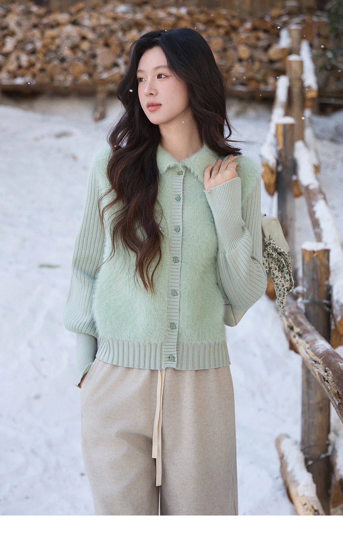 MISHOW Women's Green Faux Mink Fur Patchwork Knitted Cardigan Winter Lapel Warm Soft Knit Top single-breasted sweater MXE86Z2764