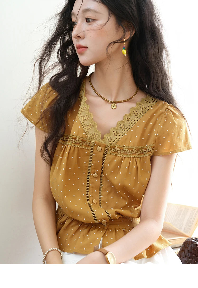 MISHOW Women's V-neck Lace Splicing Blouse 2025 Summer New Ladies Fashion Polka Dot Hollow Ruffle Button Female Top MXE38X1847