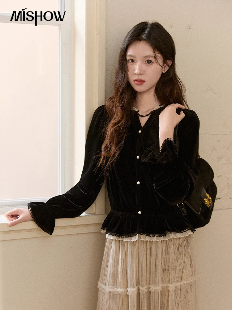 MISHOW Women's Black Velvet Shirts 2025 Winter Retro Splicing Lace Tops Ruffle Hem Pearl Button Puff Sleeve Shirt MXE94X2516