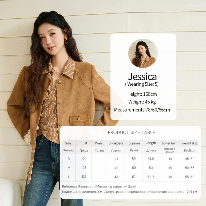 MISHOW Fragrant Suede Jacket for Women Autumn 2025 Cuffs Hollowed Out Lace Short Coats O-neck Metal Button Jackets MXE46W0839