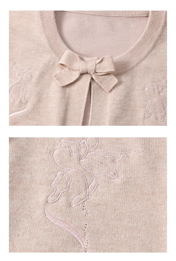 MISHOW Women's Iris Embroidery Round Neck Cardigan 2025 Spring Loose Knitted Thin Bow Design（Not Include Lace Vest）MXE13Z1142