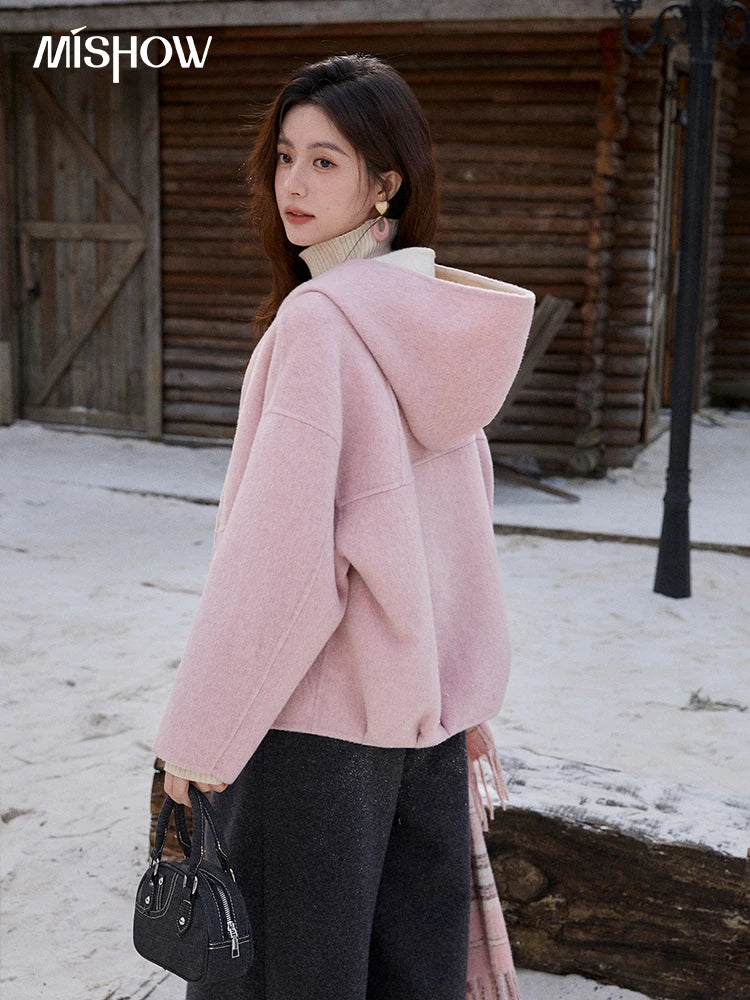 MISHOW Pink Wool Double-sided Woolen Coat Winter Hooded Bow Tie Strap Coats Loose Dropped Sleeves Coat Office Lady MXE91W1010