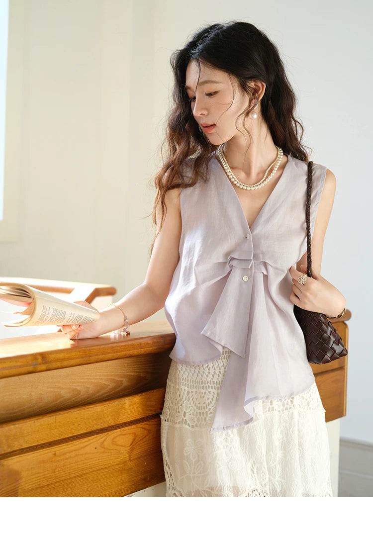 MISHOW Sleeveless V-Neck Blouse Button Detail MXE39X1960