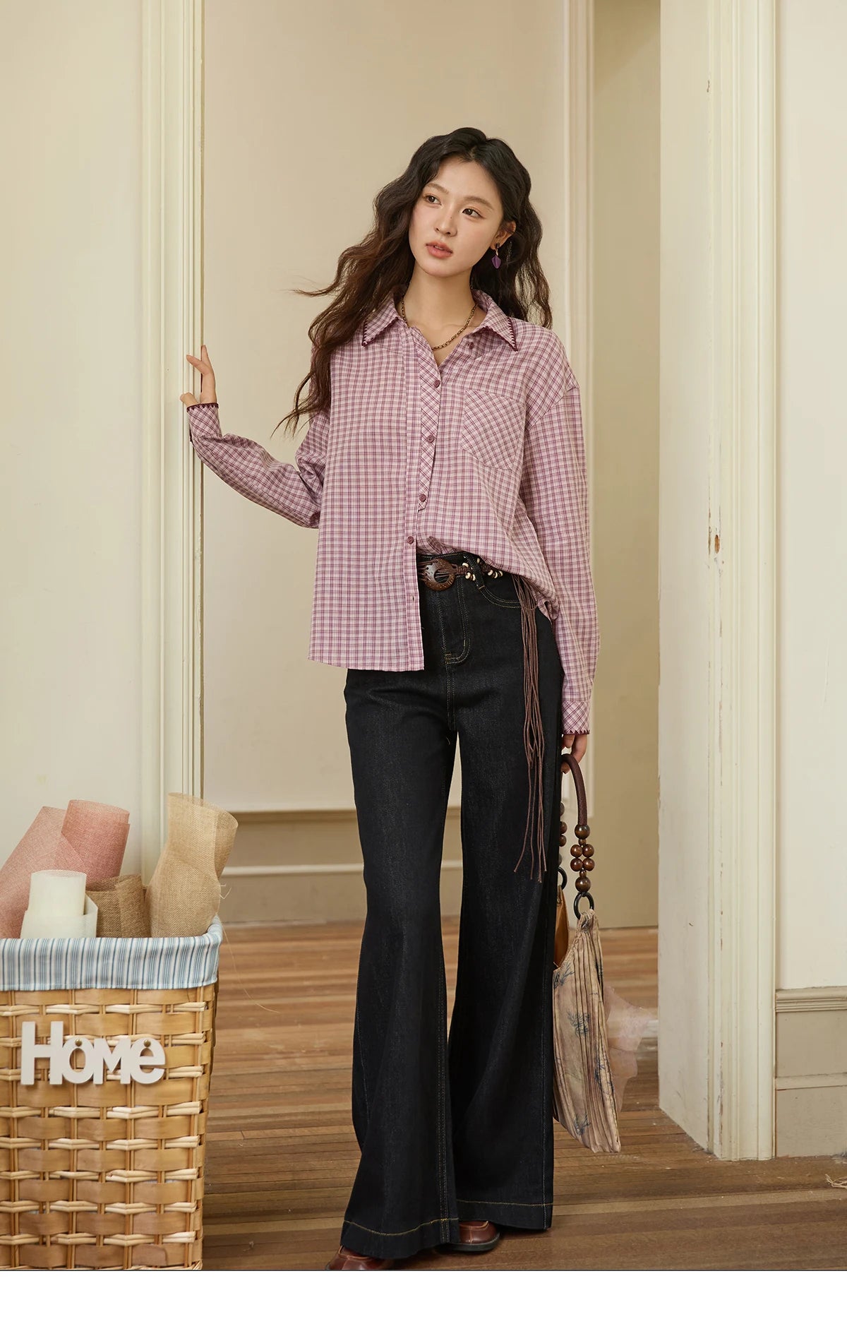MISHOW Purple Plaid Shirt for Women Autumn 2025 Contrasting Embroidery Irregular Placket Shirt with Pocket Casual Top MXE44C2394