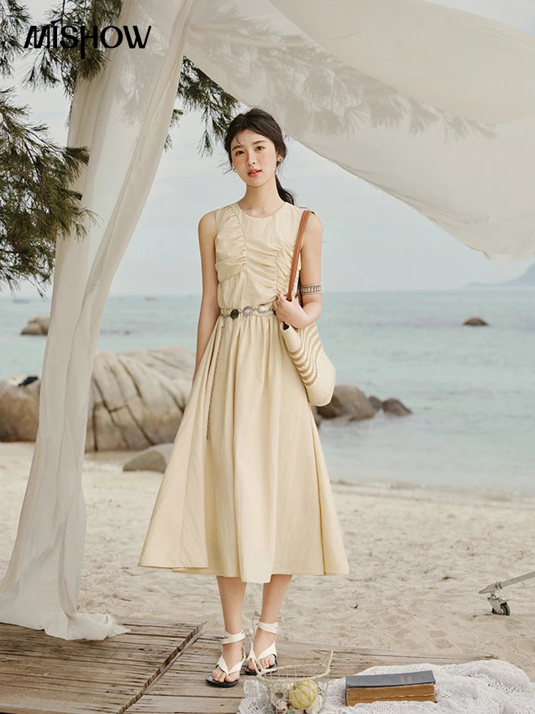 MISHOW Office Lady Summer Dress Women 2025 New Round Neck Sleeveless Solid with Belt Dresses Female Fashion Slimming MXE31L2188