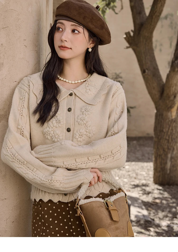 MISHOW Embroidered Sweater Women’s French Retro Doll Collar 2024 Fall Winter New Casual Long-sleeved Knit Sweater Top MXD35Z0895