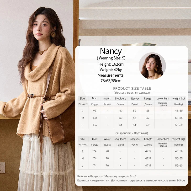 MISHOW Women's Orange Sweater 2025 Winter French Style Luxury Loose Long-sleeved Sweater Vest Belt Three-piece Set  MXE86T1437